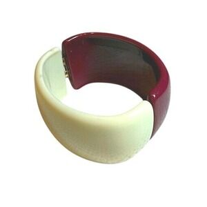 Hinged Cuff Bracelet Women's Ivory Burgundy Chunky Resin Mod Chic Retro